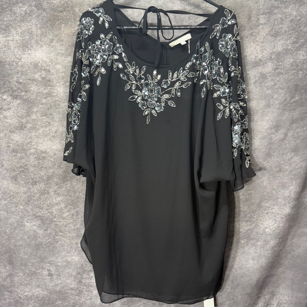 Anthology Black Beaded Sequin Floral Chiffon Tunic Top Plus Size 22 Whimsigoth